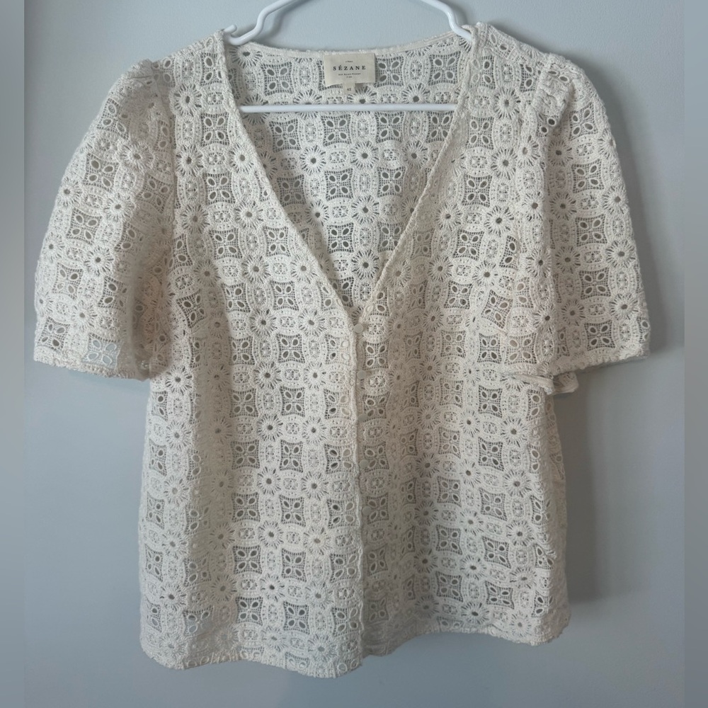 Cream Lace Crochet V-Neck Blouse